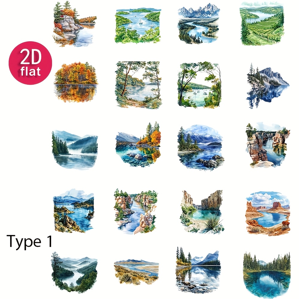Image of 2d Flat 1-pack Vintage Lake Landscape Stickers For Diy Cutting, Journal, Photo Album, Stationery, Supplies, 2d Flat