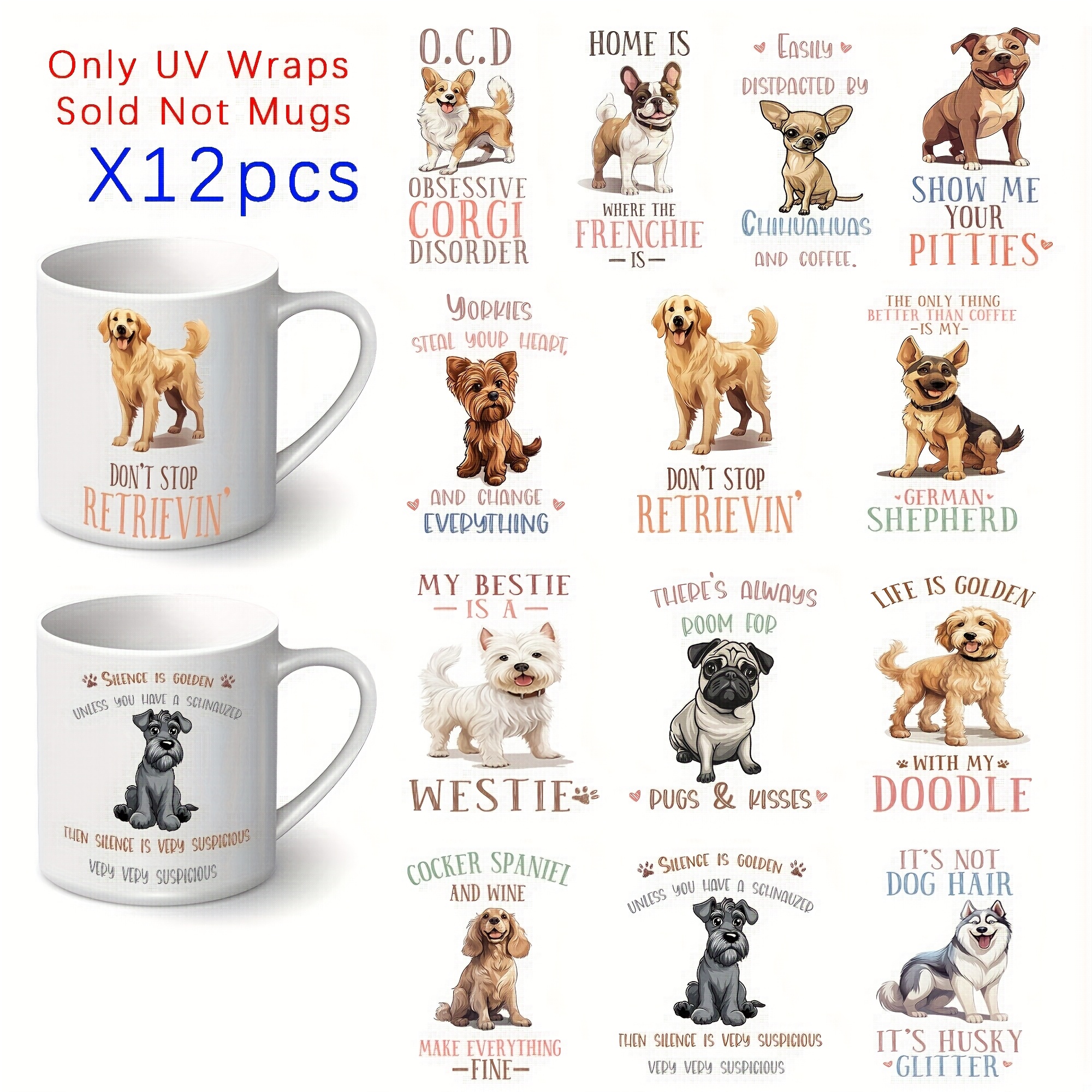 

13pcs Waterproof Dog Quotes Uv Dtf Transfer Paper, High-quality Plastic Decals For 16oz Glass Mug, Diy Crafts Pack For Tumblers & Drinkware