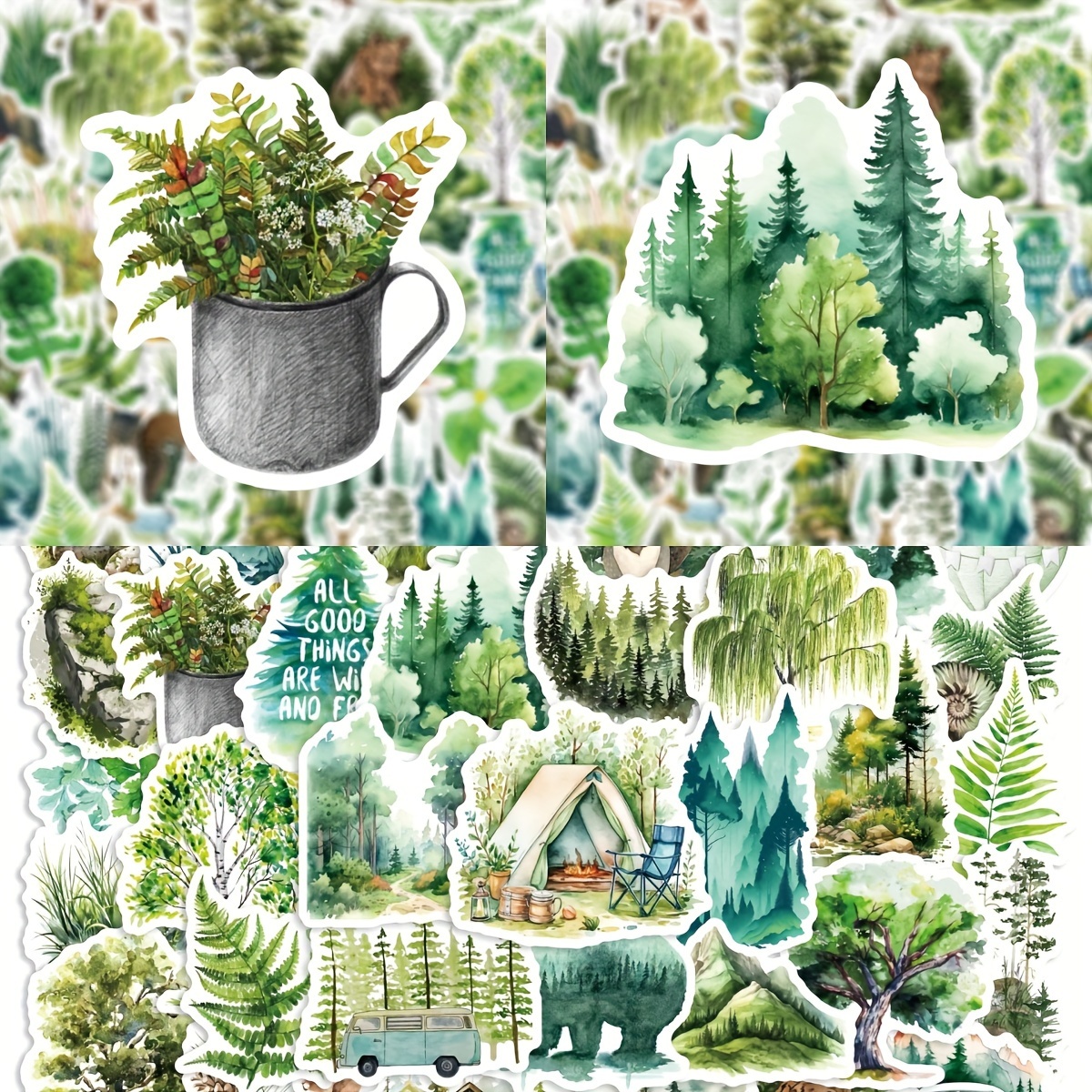 

50 pièces de stickers d' et de camping - Nature, arbres, , fleurs et plantes décalcomanies pour ordinateur portable, téléphone, cahier, instruments de musique, décoration DIY, matériau