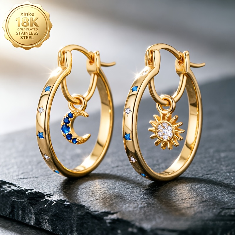 TEMU Un di eleganti orecchini a asimmetrici Sole e Luna progettati specificamente per donne, realizzati in acciaio inossidabile 316L oro 18K. Questi