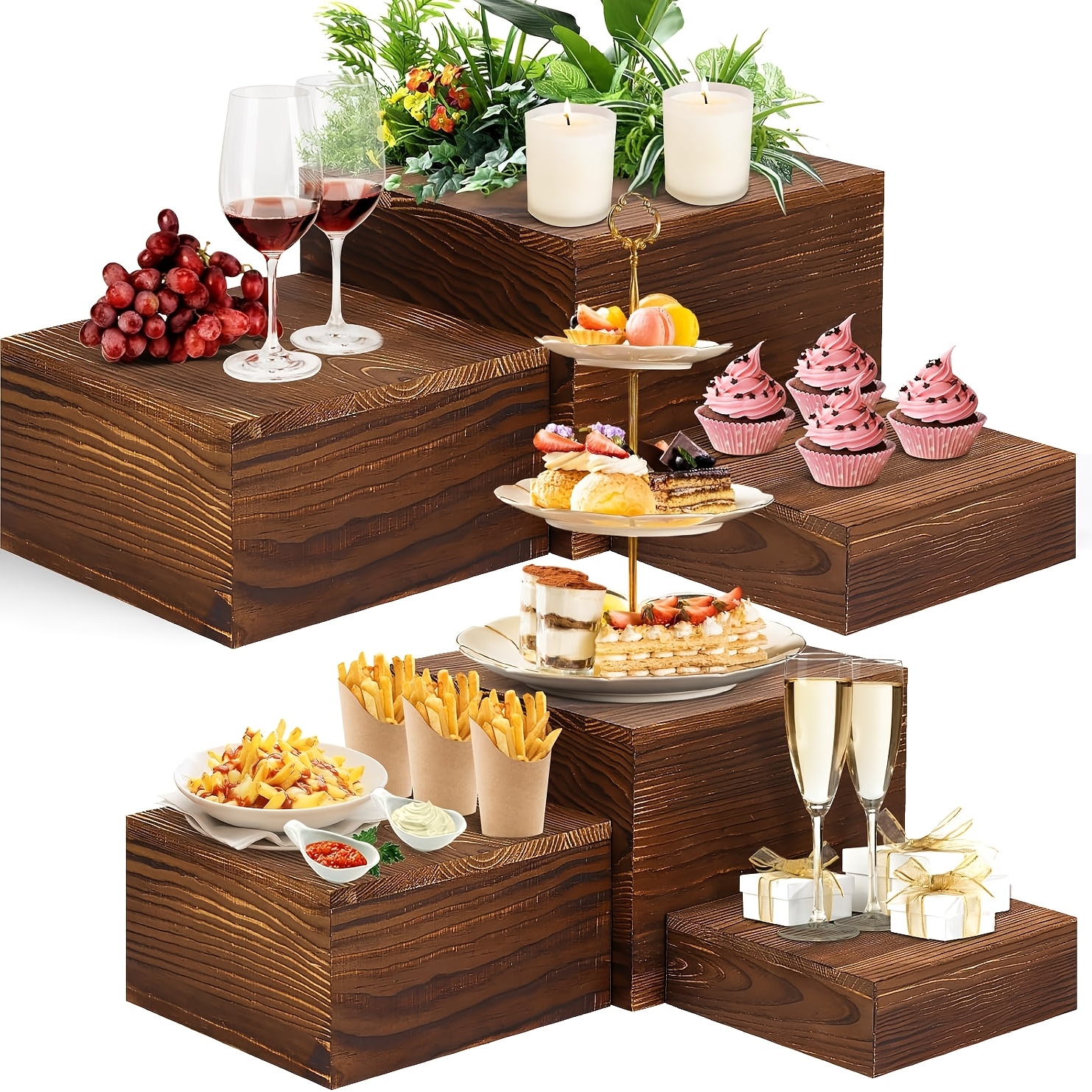 TEMU 6 Pack Wooden Risers Display Stands Rustic Wood Cake & Cupcake Stands For Party Square Food Risers For Buffet Wooden Crates For Display Home