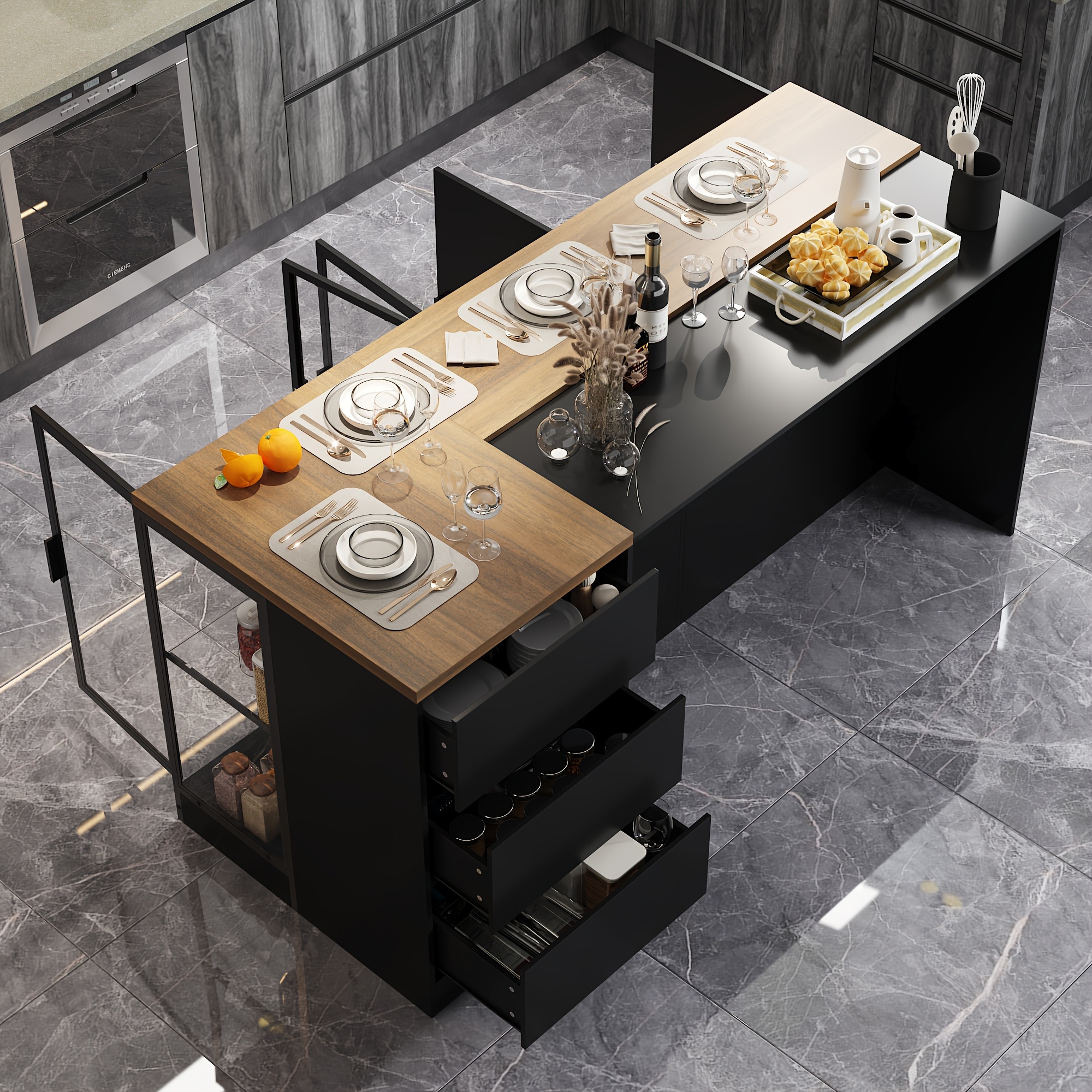 Large Stationary Kitchen Island with LED Lighting & Seating - Black/Walnut
