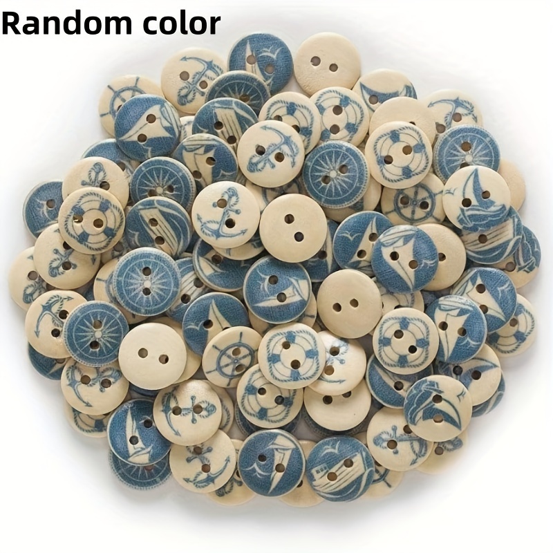 

100-pack Assorted Nautical Patterns Round Wooden Buttons For Diy Crafting And Sewing - Mixed Color Decorative Wood Button Set For Clothing, Scrapbooking Embellishments