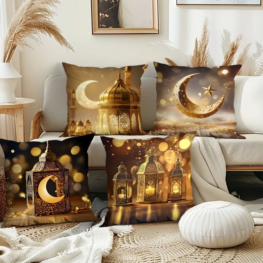 

4pcs Elegant Traditional-style Ramadan Cushion Covers, Golden And Lantern Print, Velvet Fabric, Zippered Pillowcases For Sofa, Bedroom, And , Machine Washable, Polyester