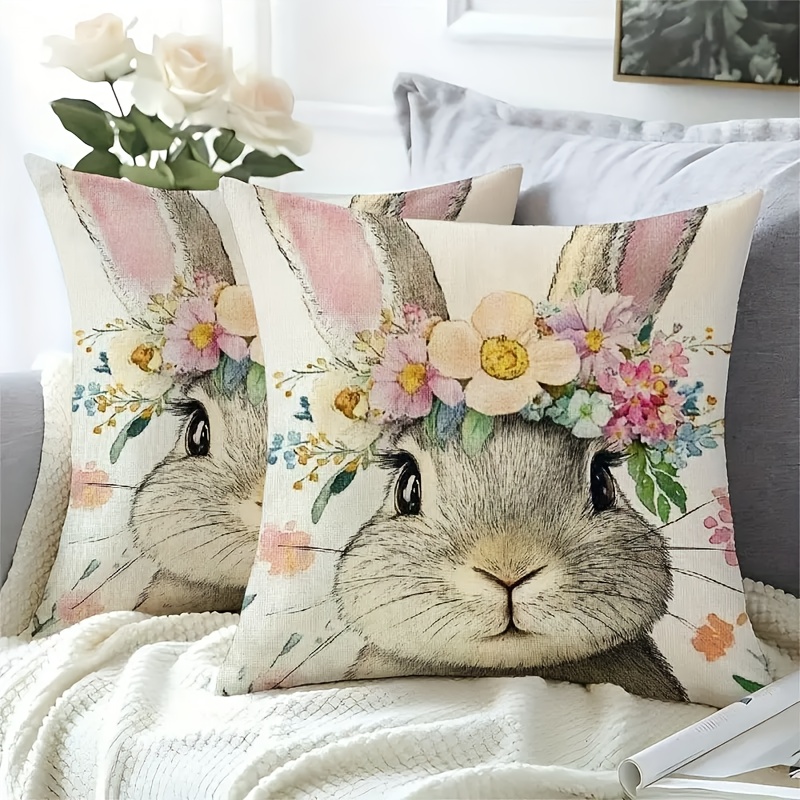 

2pcs Of Spring And Summer Element Rabbit Flower Easter Pillowcases, Watercolor , Decorative Zipper Pillowcases, Machine Washable, Polyester Fiber, Spring Farmhouse Sofa Bed Decoration