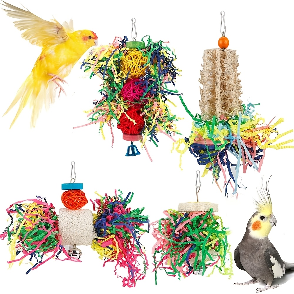 TEMU Ensemble de jouets pour perroquets 4pcs/6pcs, jouets pour oiseaux, fournitures pour oiseaux, ensemble de jouets de raquette en rotin et papier