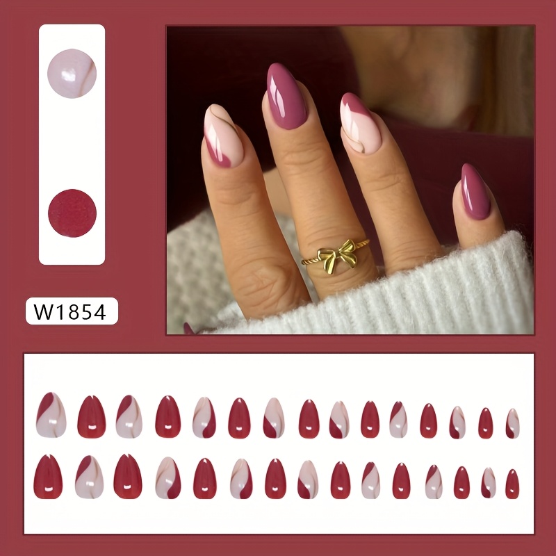Elegant European And With Purple, Red, And Golden Lines, Featuring Detachable Nail Art