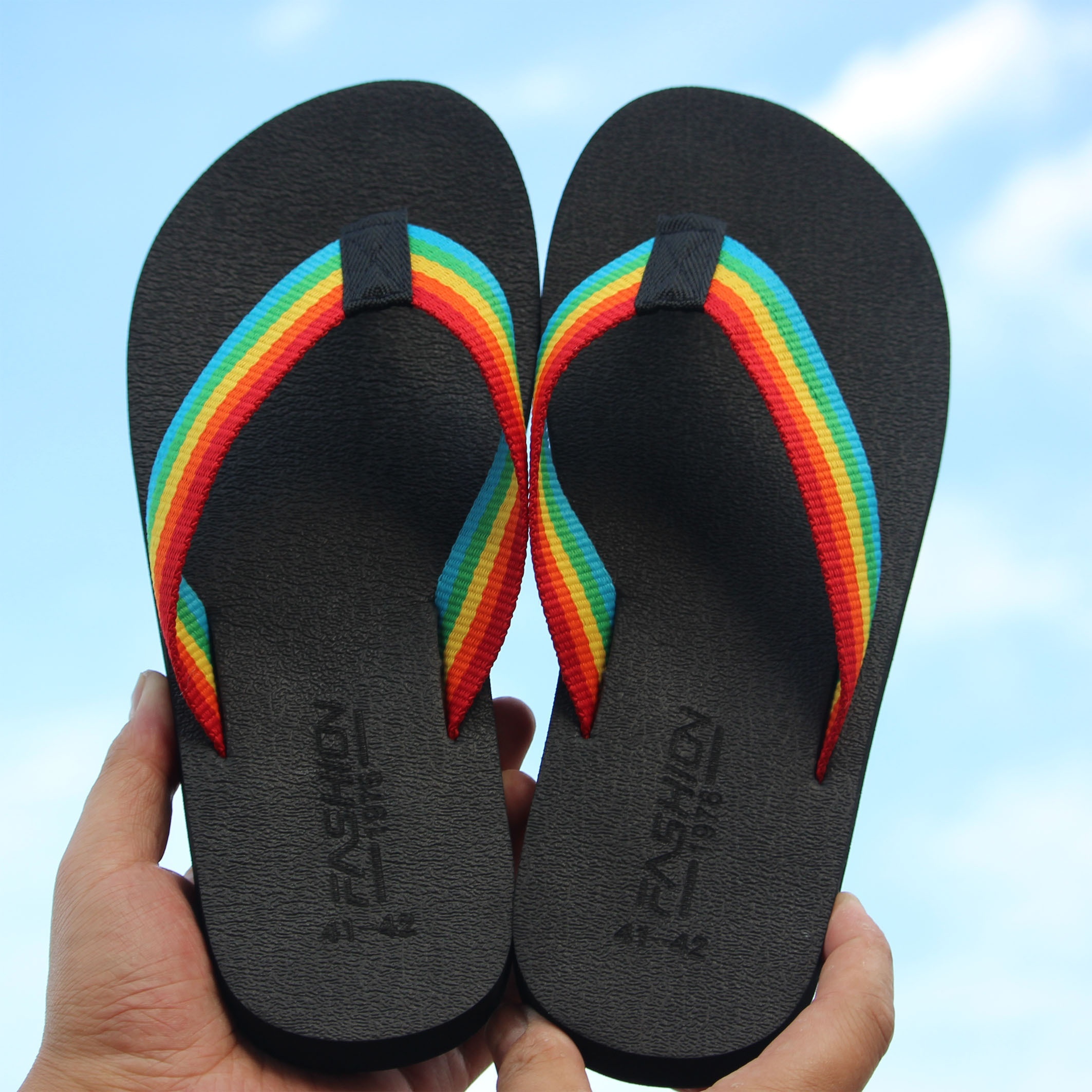 

Men's Trendy Colorful Rainbow Straps Flip Flops, Comfy Non Slip Casual Durable Anti Odor Eva Thong Sandals For Men's Outdoor Activities