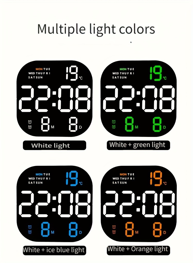 большие светодиодные настенные часы с пультом дистанционного управления, функцией отображения будильника, календаря, температуры и питания от USB, подробности 8.