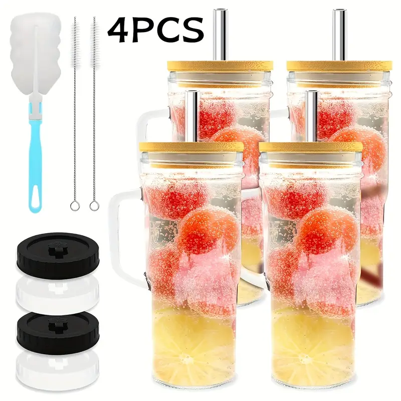 glass cups with lids and straws 24 oz travel coffee mug wide mouth mason jar iced coffee cup smoothie cup glass tumbler tea cup clear cups cute water cups drinking glasses 2 4packs Product details 0