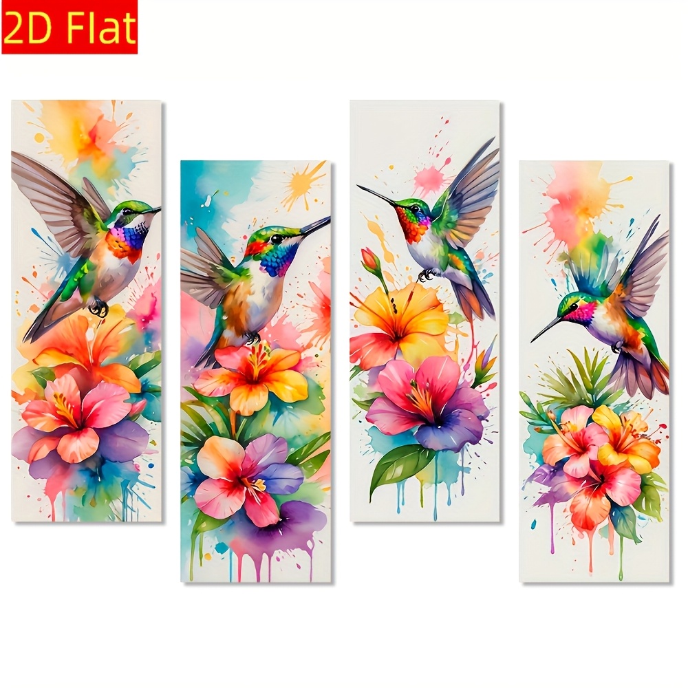 TEMU 2d Flat Wooden Birds And Floral Decorative Painting Set Of 4pcs, Suitable For Living Room, Bedroom, Hallway Decoration, Spring-themed Animal