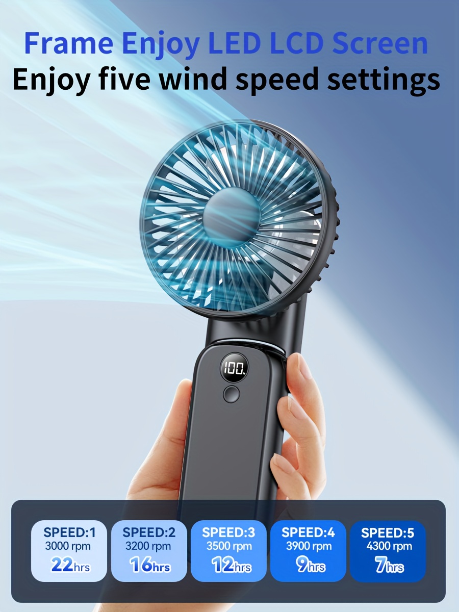 Handheld folding fan with USB charging, suitable for desktop office use, bedroom, outdoor travel, camping, neck hanging, students' classes, five wind levels, power level display, long-lasting battery life of 6000mAh, with charging treasure function