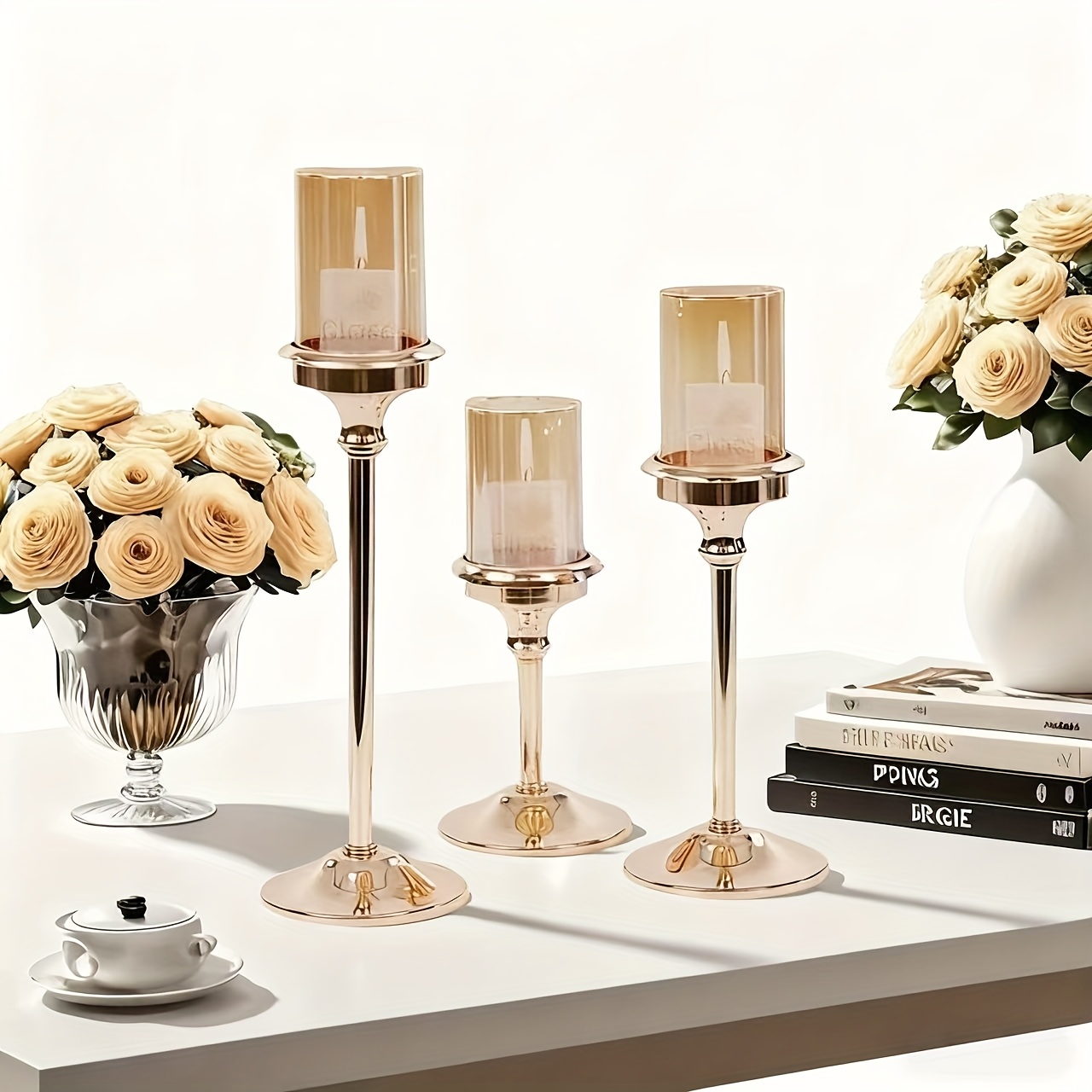 Image of 3pcs Modern Elegant Glass & Metal Candleholder - Glass Columns With Polished Stainless /, Candle Sconce For Wedding, Dining Table, Fireplace Centerpiece - For Or Fake Candles (golden) - Holiday