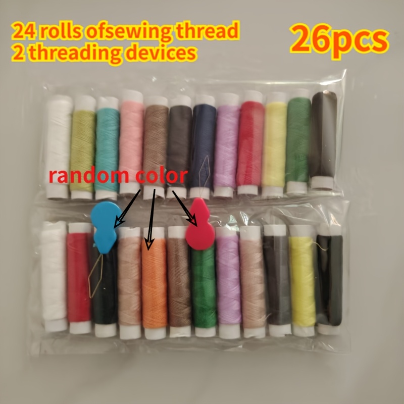 TEMU 26pcs Set: 24 Spools Of Thread + 2 Threaders, Random Color Sewing Thread Kit | Each Spool Length: . 1800cm/708inch | Vibrant And Durable