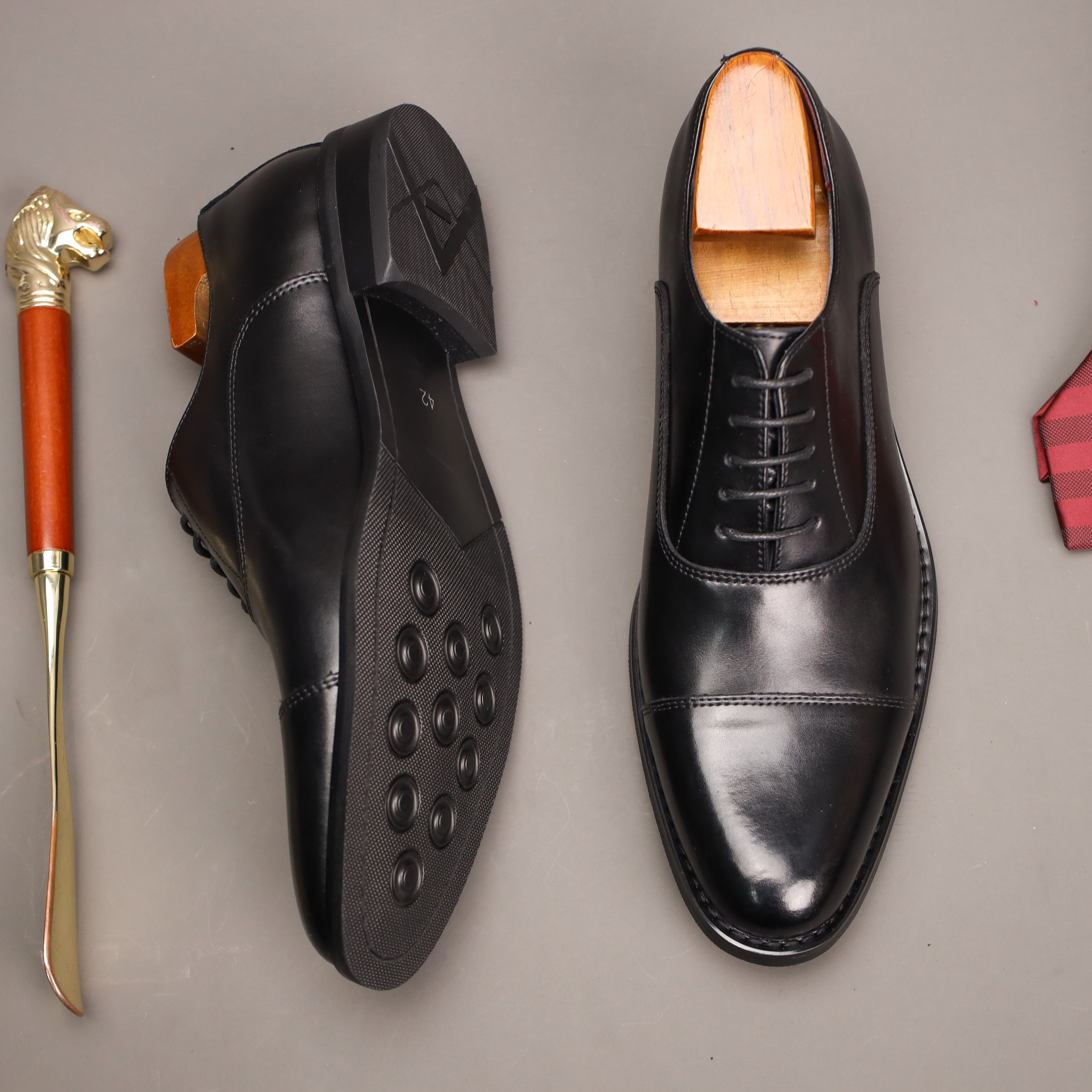 Men's Vintage Split cow Leather Solid Colour Cap Toe Oxford Shoes, Comfy Non Slip Durable Formal Shoes, Men's Business Footwear