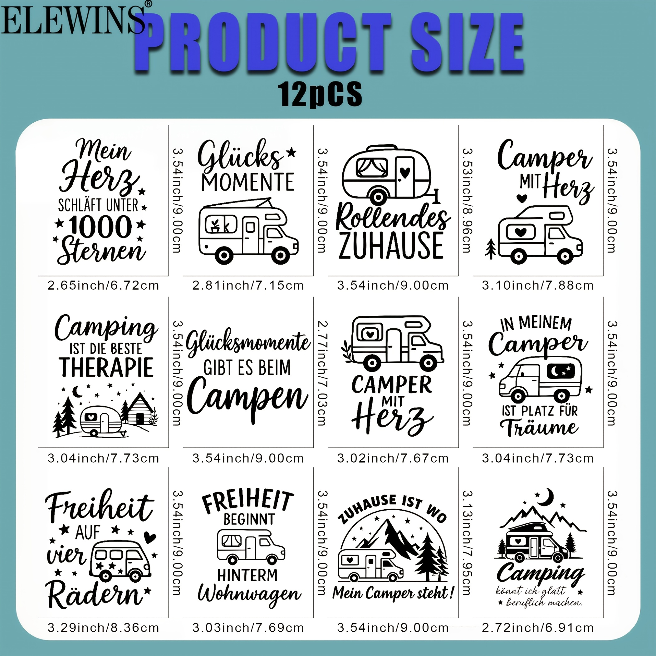 E-shop 12 Stück Deutsche Camping Bügelbilder (DTF Heißpressfolien) - RV, Van & Design mit deutschen Phrasen - Ausbleichfest waschbeständig DIY
