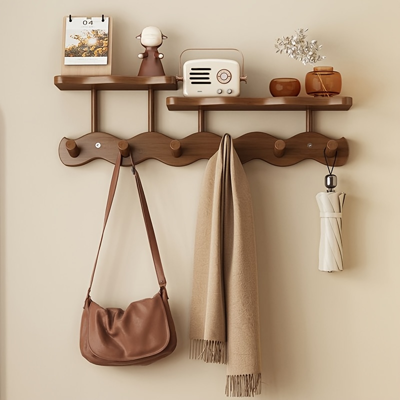 Wall-mounted Coat Rack With Shelf, Wooden Coat Hanger With 6 Sturdy Hooks, Drill-mounted Design For Hanging Clothes, Hats, Towels, Bags, And Robes