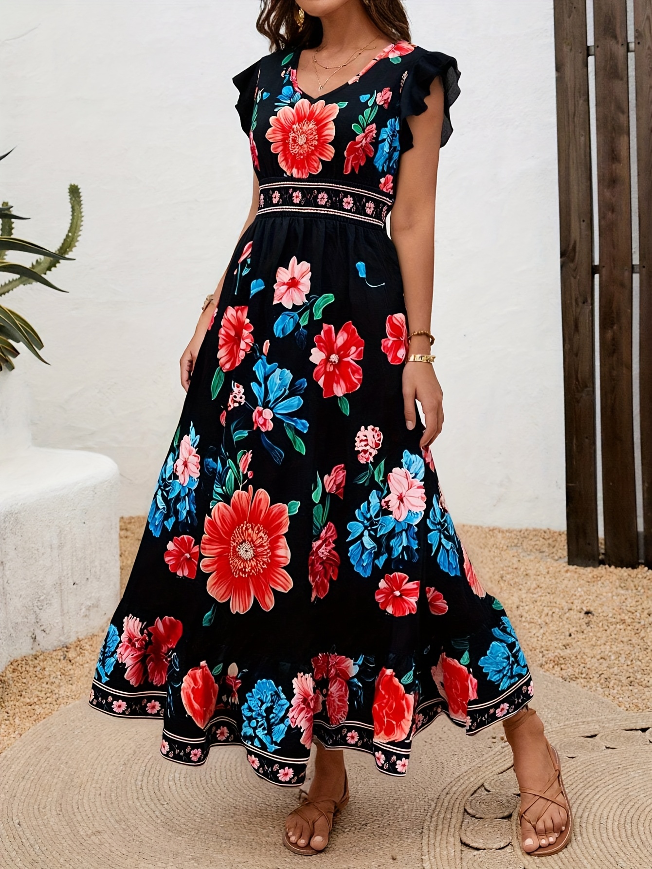 womens floral print maxi dress flared hem a line party vacation formal events red floral   machine washable non stretchy elegant floral dress for women tea party attire nonstretch fabric Product details 4