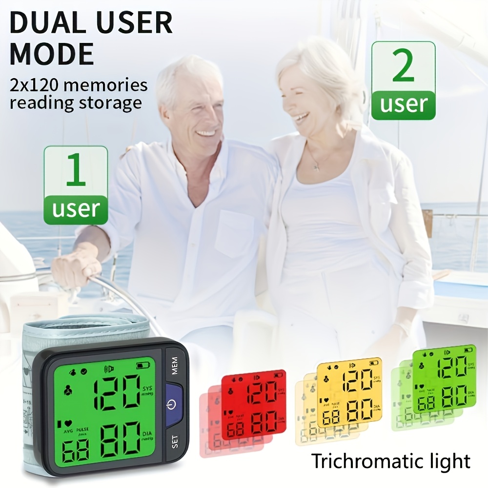 automatic wrist blood pressure monitor with voice 3 color backlit digital lcd display 240 memory storage for dual   portable adjustable cuff bp device for home use Product details 3