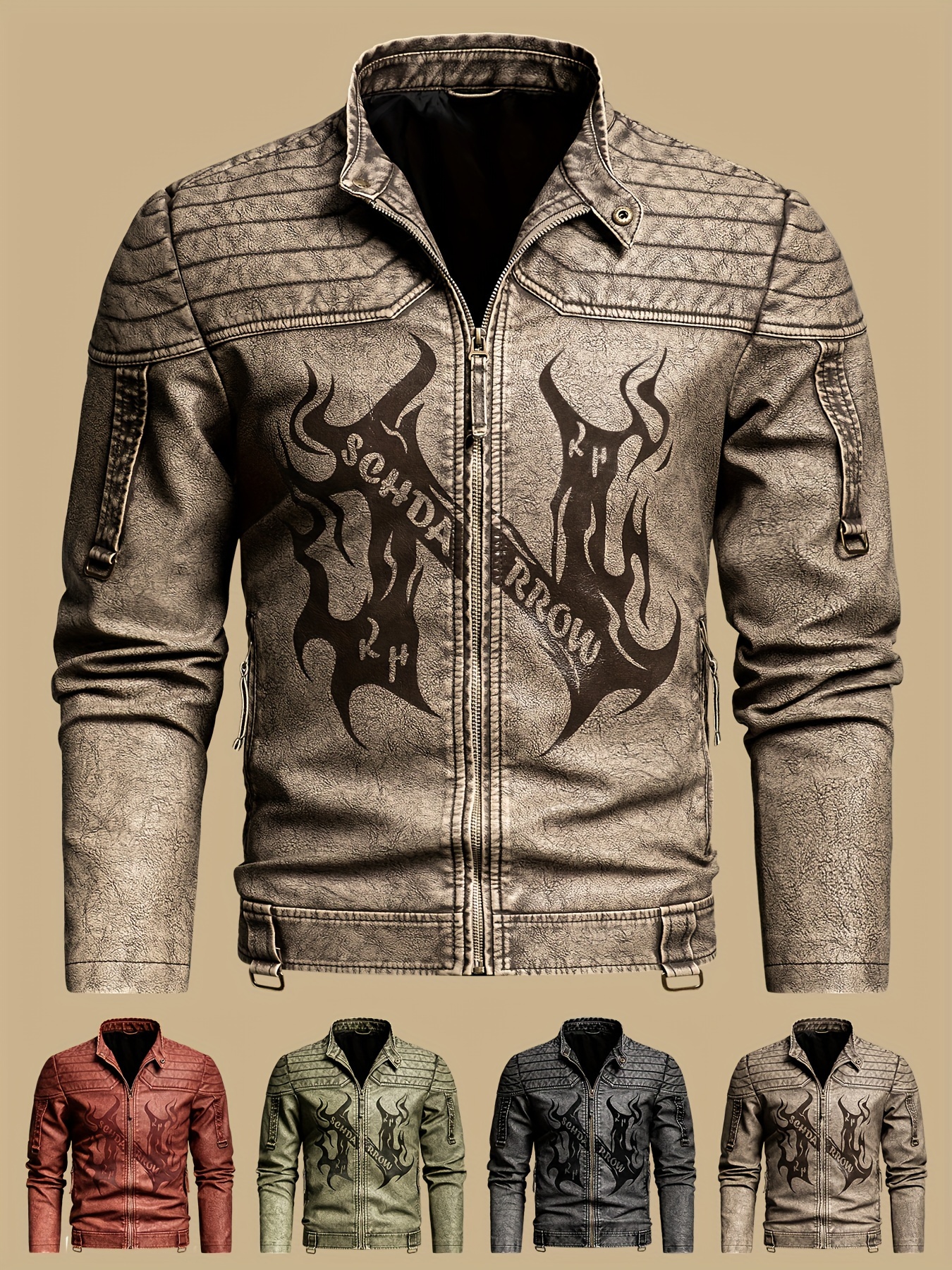 Autumn Winter Men'S Faux Leather Jacket Vintage Motorcycle Faux Leather Fashion Classic Gentleman Men'S Clothing Distressed Washed Artificial Leather Jacket Street Motorcycle Men'S Coat Flame Print Handsome Boy Stand-Up Collar Casual PU Top Men'S Bu