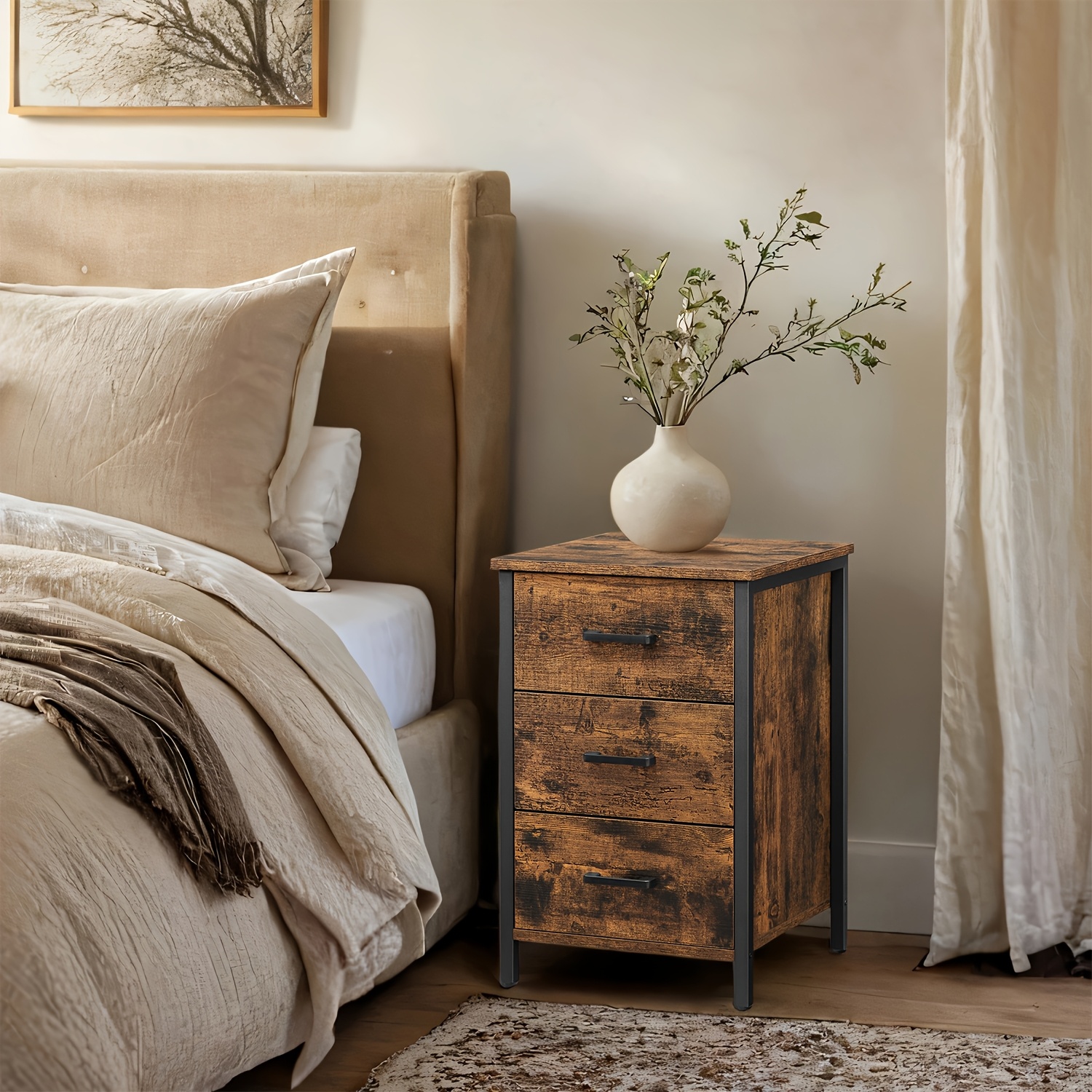 Modern Industrial Nightstand With 3 Drawers - Wood & Bedside Table Suitable For Small Spaces, Space- Bedside Cabinet With Storage, Assembly, For Bedrooms & Dorm Rooms