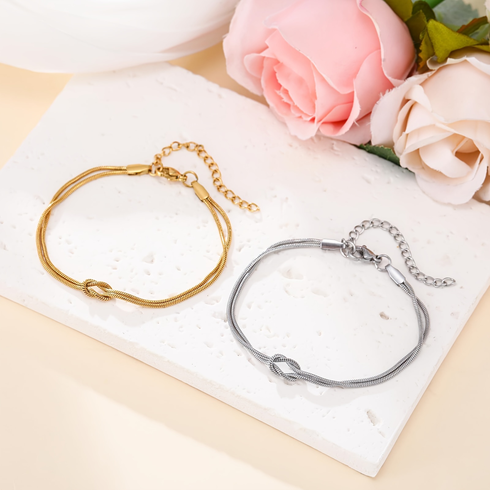 2pcs Matching Bracelets for Women Men Couples, Delicate Golden Love Knot  Bracelet Herringbone Chain Bracelet Relationship Jewelry Gifts for B