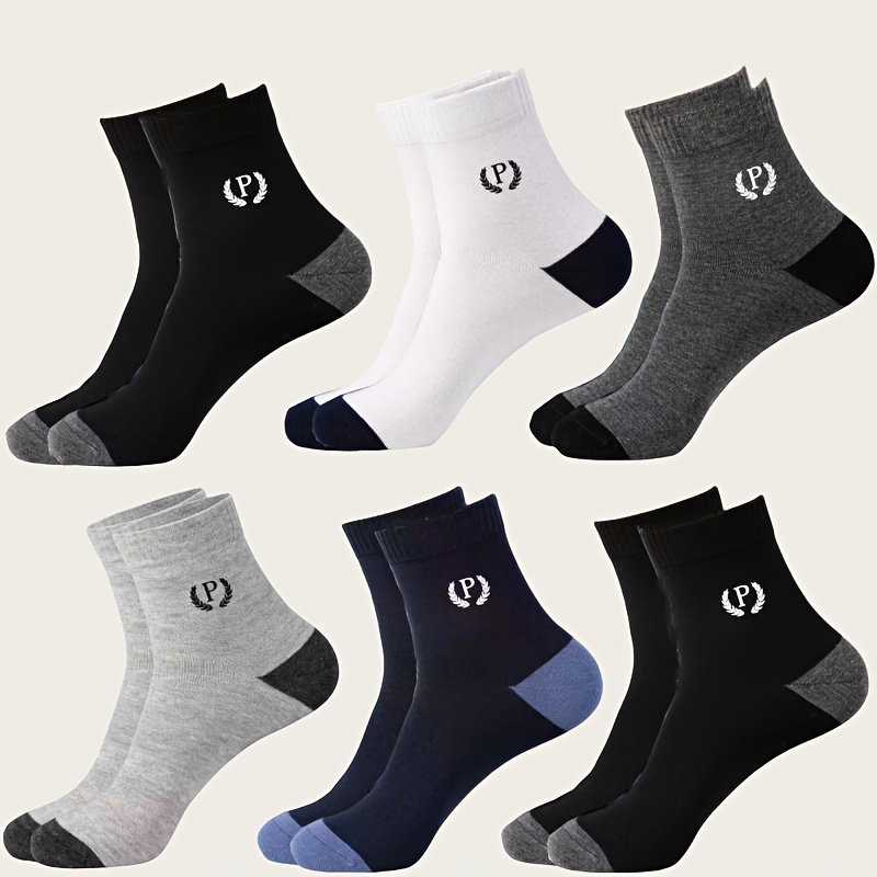 

6 Pairs Men's Fashionable Socks - Breathable & Comfortable Knit Polyester 80%, Spandex 20% , Alphabet Pattern, Hand Wash Only - For Daily & Outdoor Use, All