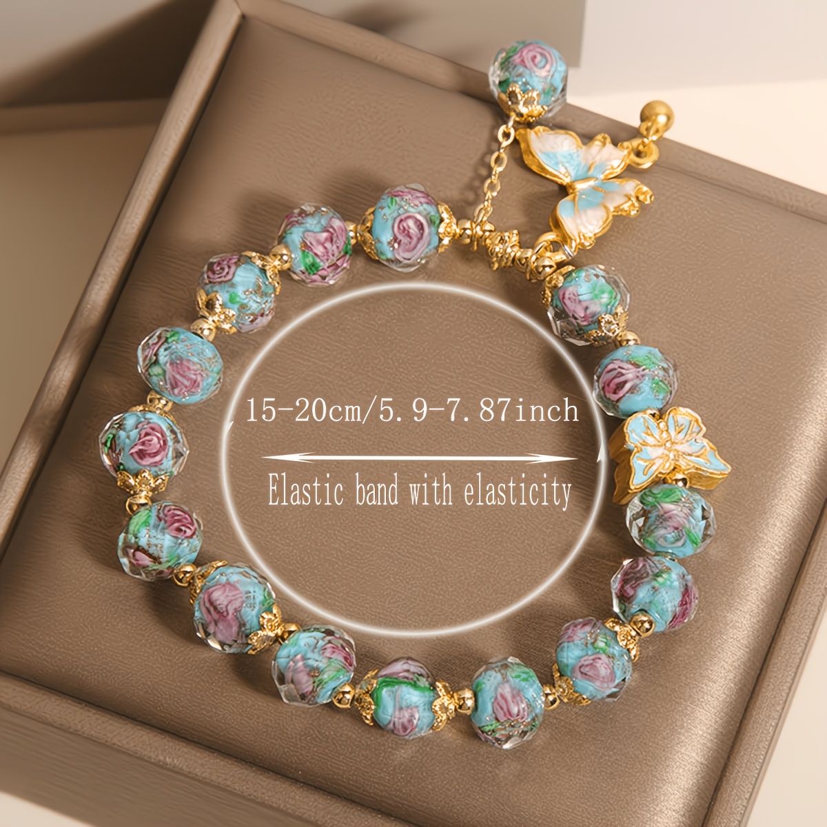 TEMU Turquoise & Pink Bracelet - Bohemian Chinese Glazed Jewelry Suitable For Parties, Music Festivals, Special Occasions, Gifts, Durable Wear With Pendant And Marble Beads
