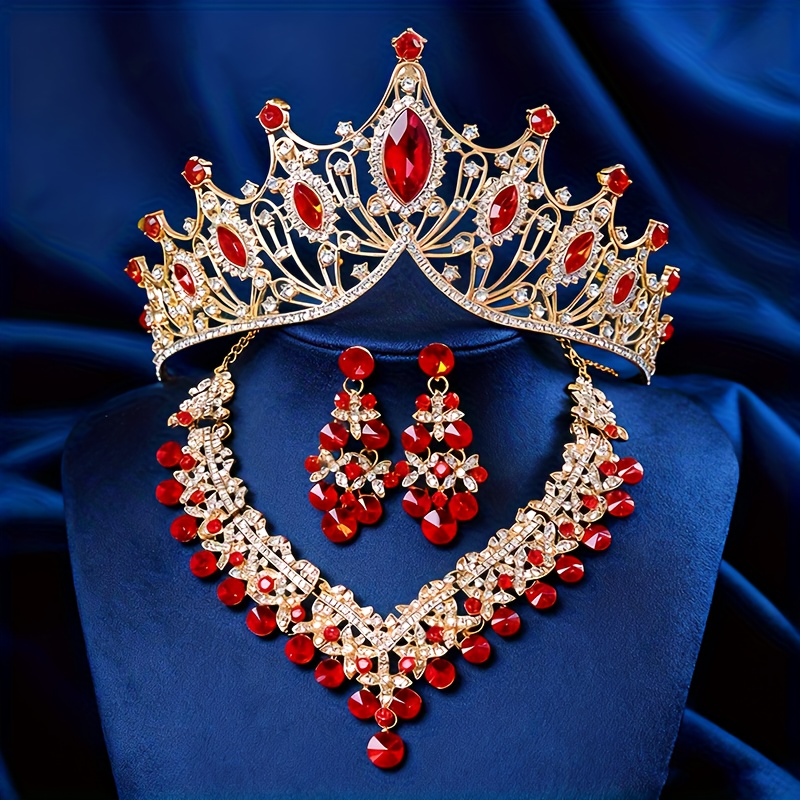 TEMU 3 Piezas de Corona y Juego de Joyería con Tiara de Estrás, Collar y Aretes - Accesorios Elegantes para , Reinas, Novias, Fiestas de Graduación y