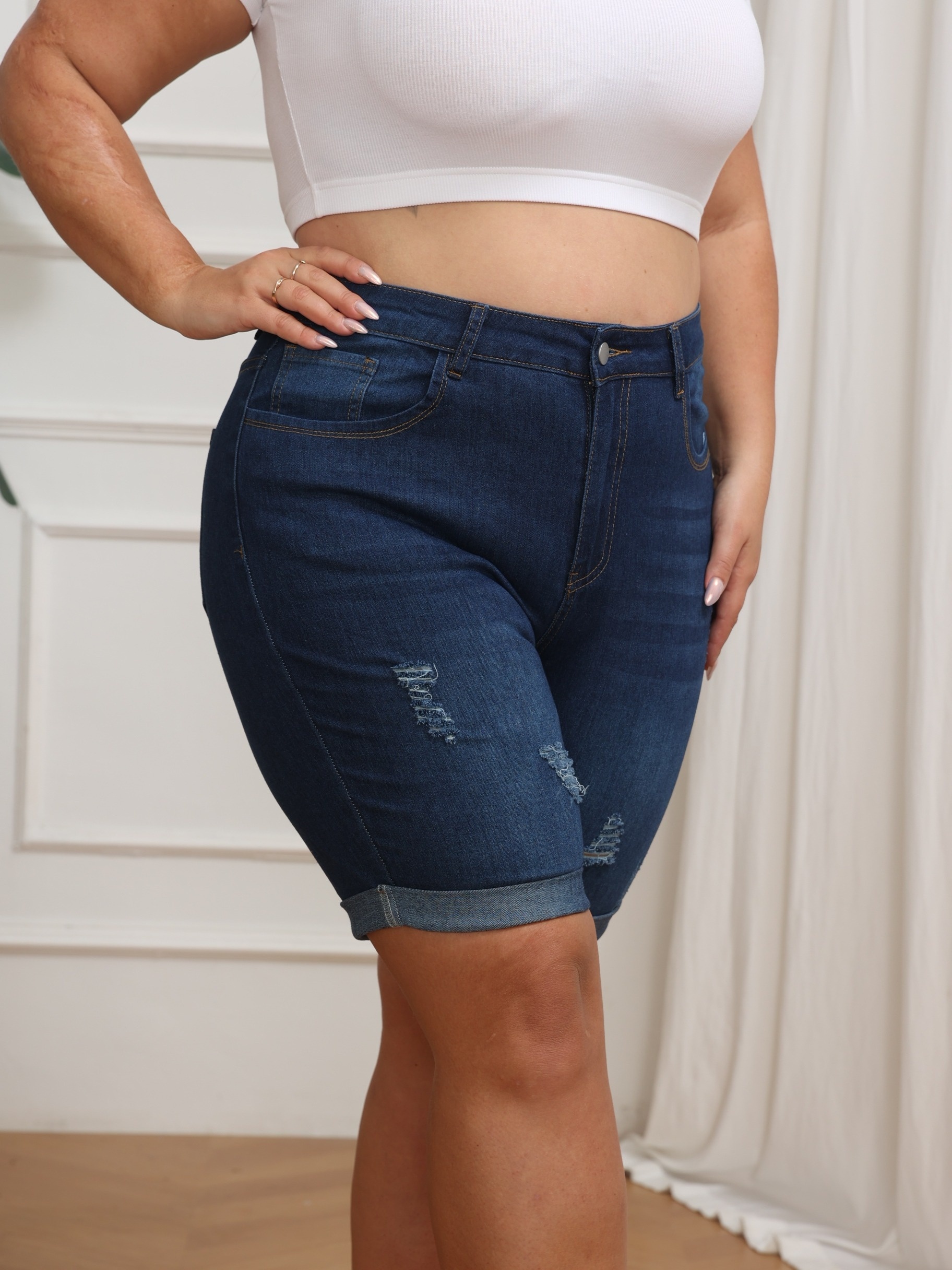 Plus Size Casual Denim Shorts Women's Plus Button Fly Washed - Temu