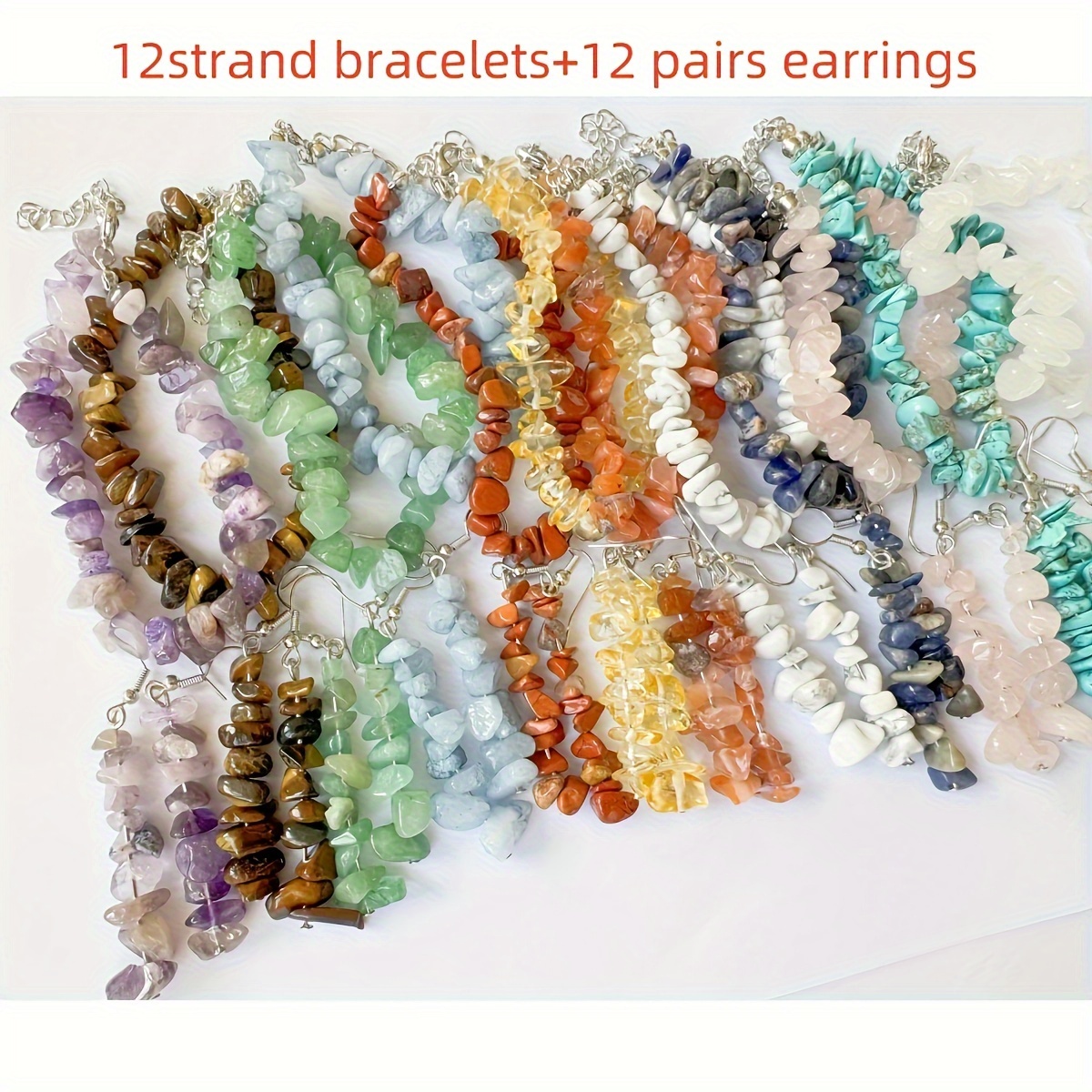 

36pcs/set Natural Stone Handcrafted Jewelry Set, Bohemian Irregular Bracelets+earrings, Unique Design Suitable For Both Men And Women To Wear On Daily Vacations (12pcs Bracelet+12pairs Earring)