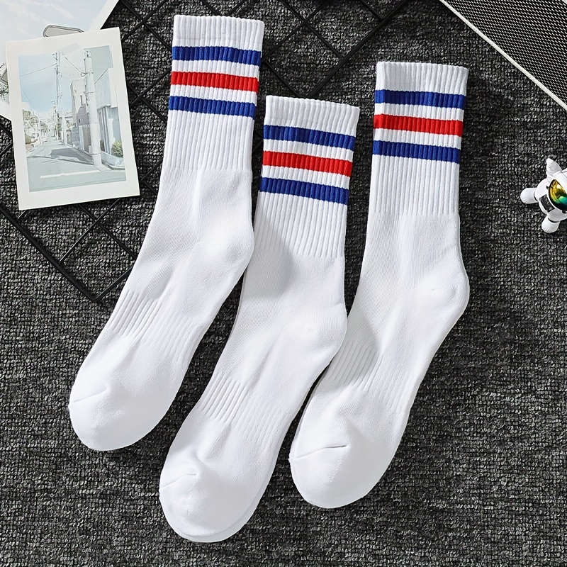 Image of 3 Pairs Men's Athletic Outdoor Socks, White Striped Basketball Socks, High Quality, Football Socks Medium Thickness Style, Anti-slip Sweat-absorbing No-pilling, Sweat-resistant