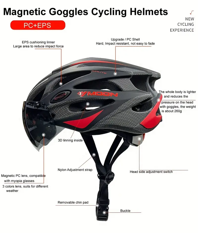moon ultralight cycling helmet with removable visor black red adjustable multi use for road mountain biking unisex adult uncharged unisex cycling gear modern helmet design adjustable strap helmet details 2