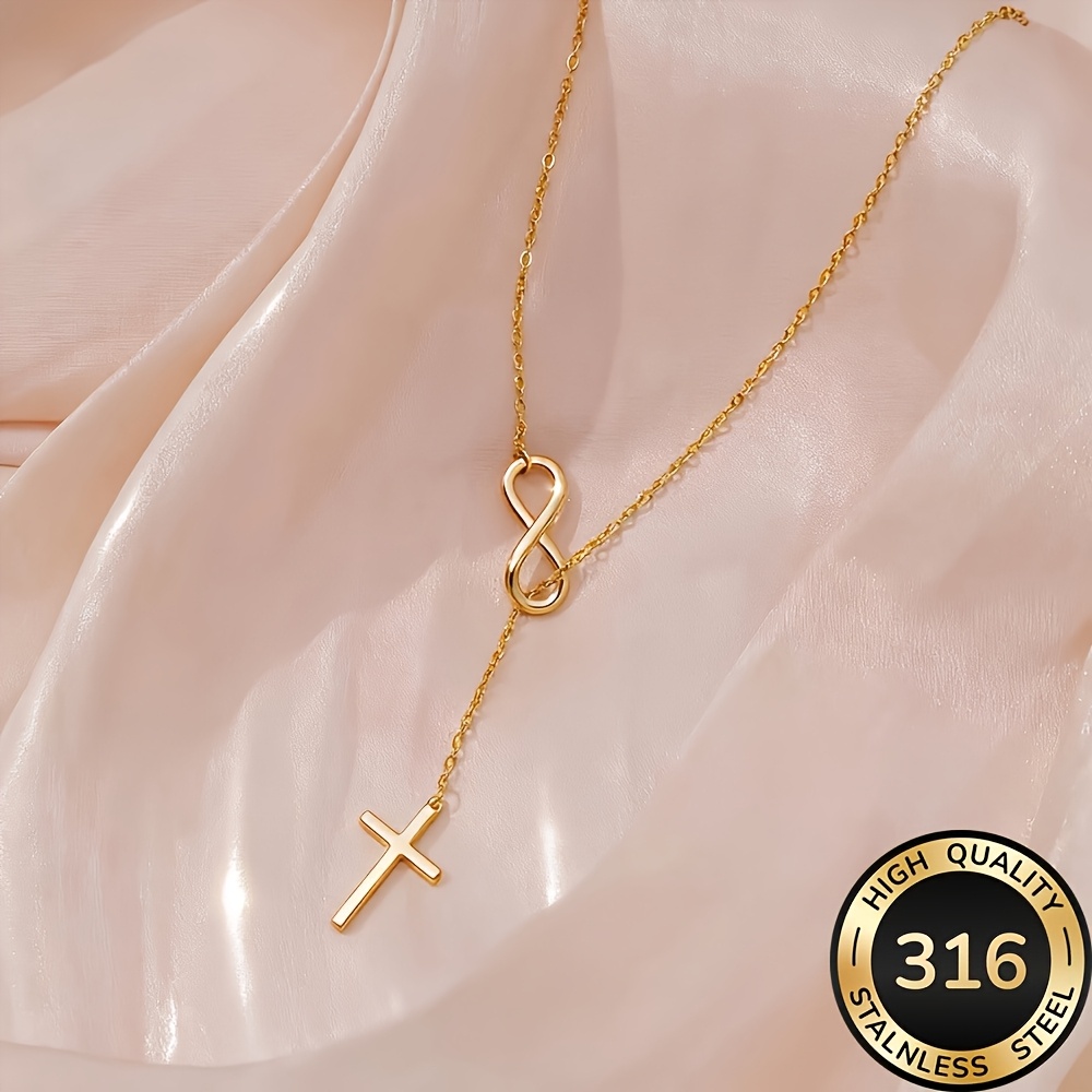 collier croix dorée en acier inoxydable de haute qualité,   à la décoloration, simple et élégant, adapté au port   ou aux  , accessoire de bijouterie tendance pour femmes, un cadeau délicat   Détails du produit 5