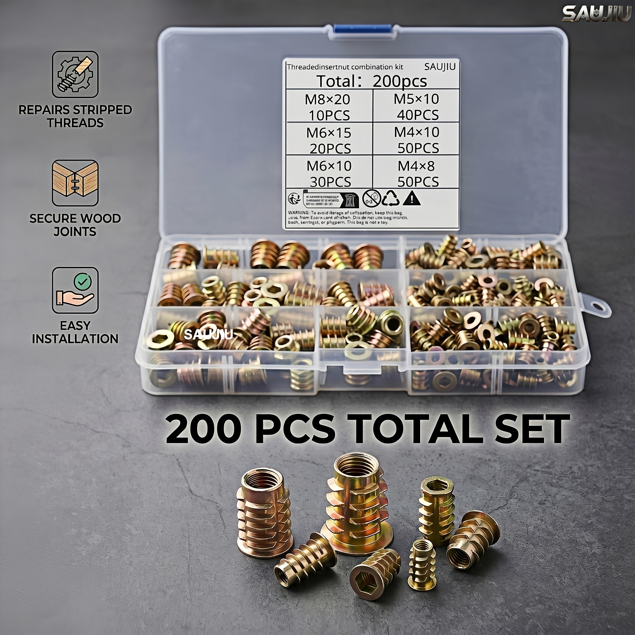 TEMU Kit combinato da 200 pezzi di dadi a filettati in | Misure assortite M4 M5 M6 M8 | per giunti in legno di mobili | Durevoli e resistenti alla |