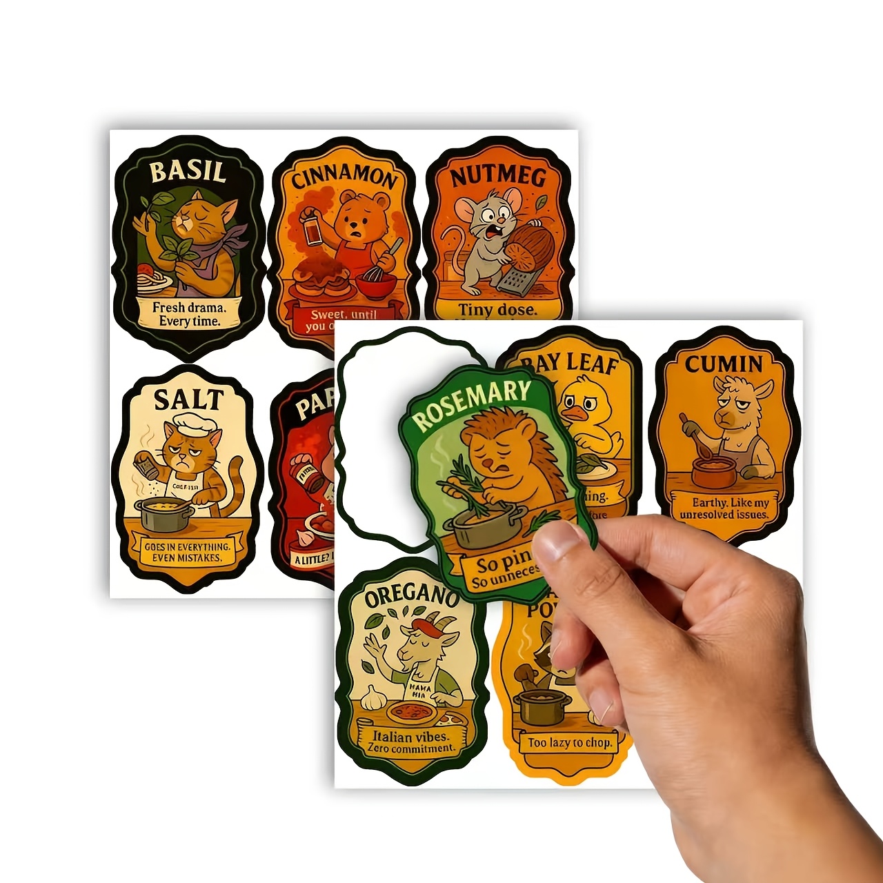 Image of A Set Of 2 Sheets With 12 Labels, Featuring Fun Cartoon Animal Patterns For Spice Stickers/kitchen Spice Organization