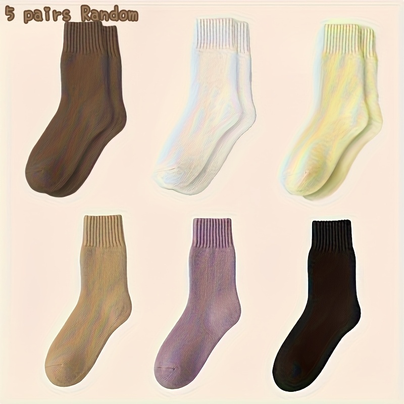 Image of 5 Pairs Of Fleece-lined Mid-calf Women's Socks For Spring Autumn And Winter, Indoor And Outdoor Casual Sports Warm Socks, Random Color