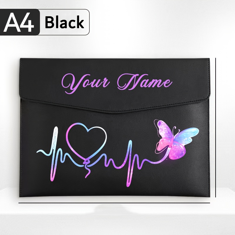 TEMU Sac de documents personnalisé noir avec nom, en similicuir format A4, avec motif de ligne ECG à couleurs dégradées, idéal pour de documents , de