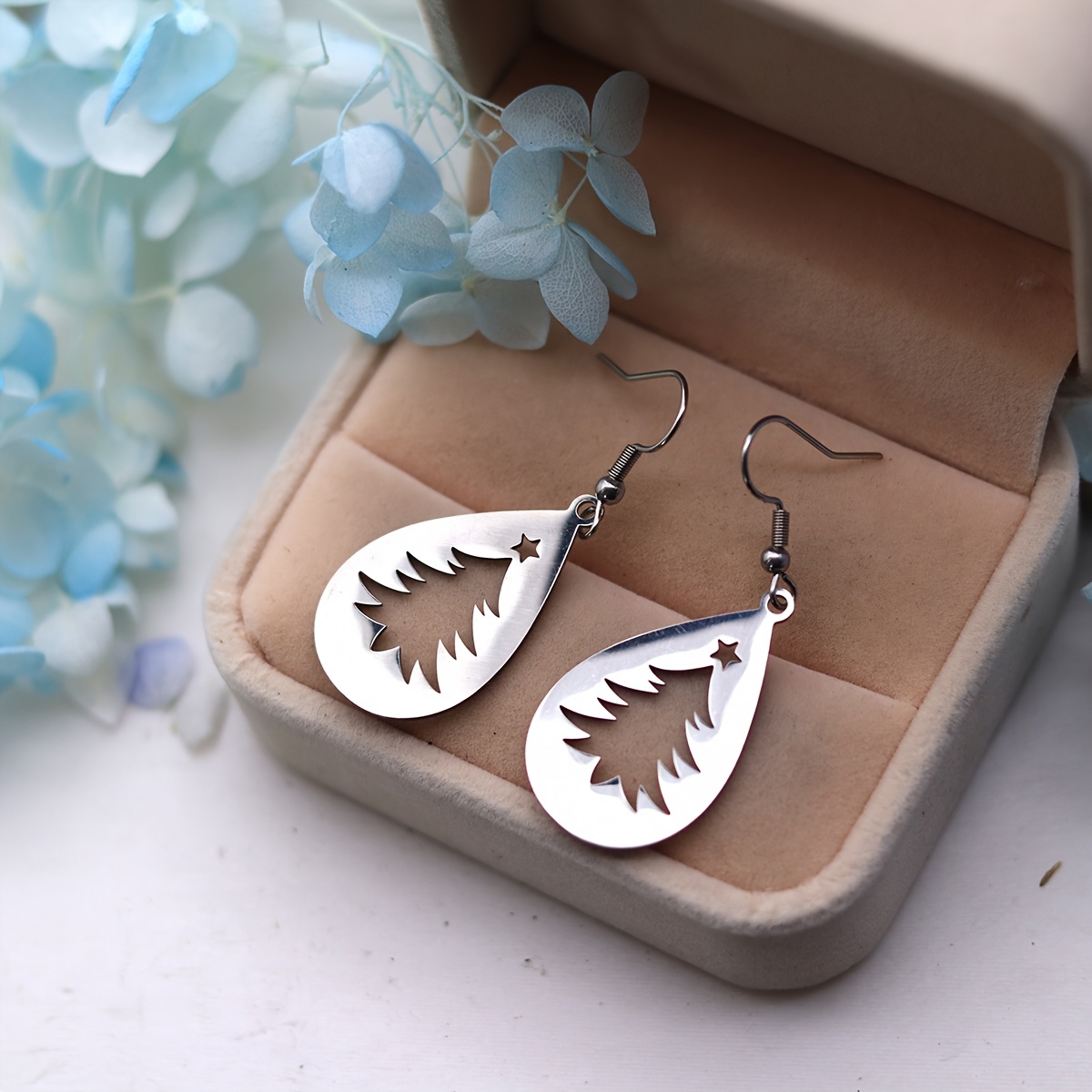 TEMU Stainless Steel Hanging Droplet Earrings - Delicate Christmas Tree & Star Holes, Everyday & Christmas Jewelry Gifts For Women And Men, Elegant