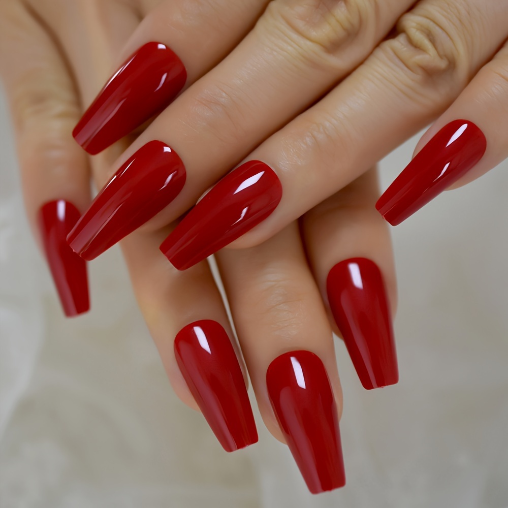 

Red Ballet Press-on Nail Tips - Long Length, Pure Color Glossy Finish, Pre-designed Fake Nails Set