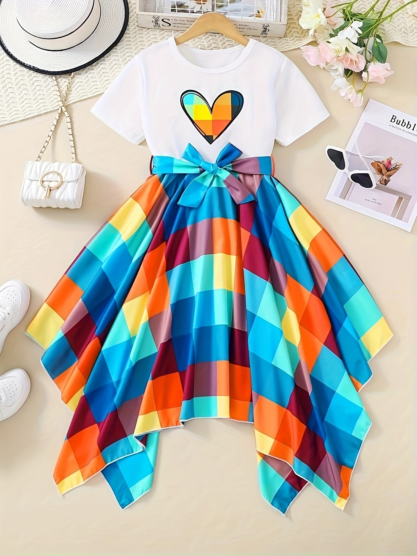 Girl's Heart Print * * Asymmetrical Hem Short Sleeve Summer Dress