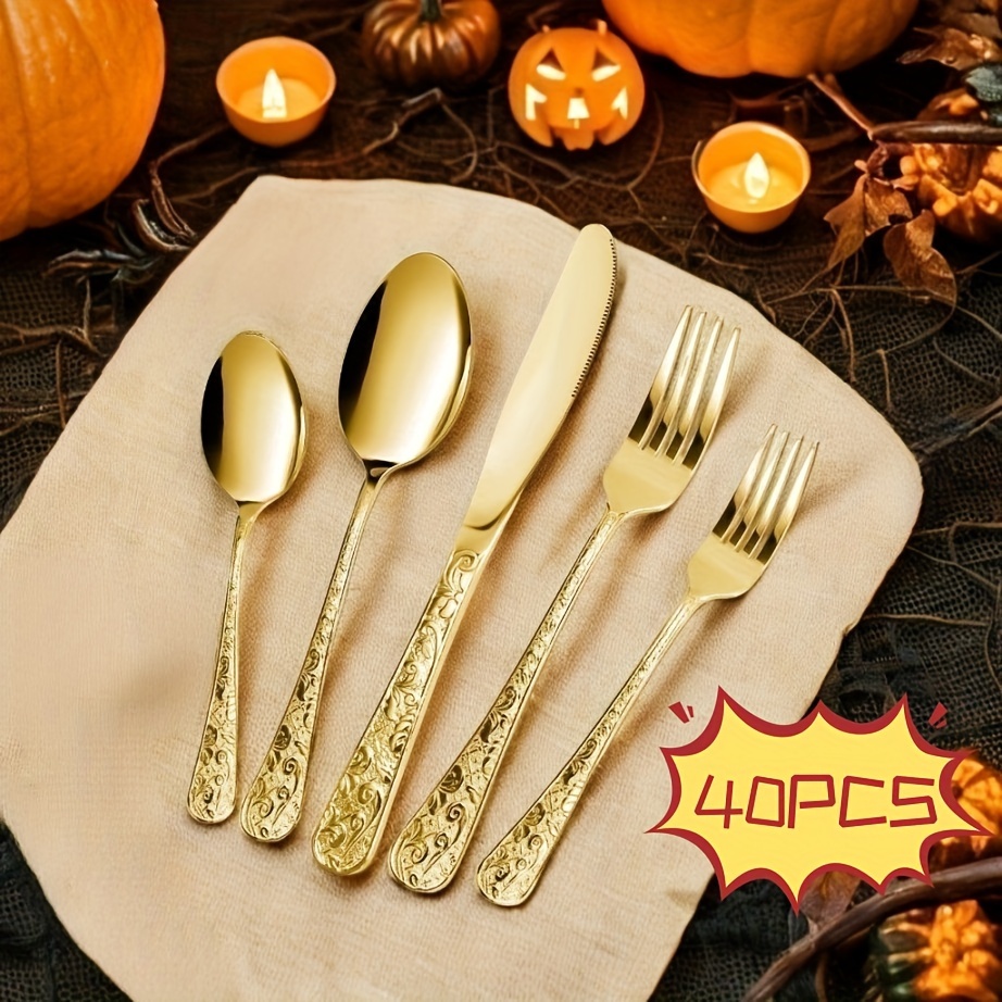 

40-piece Vintage Carved Golden Silverware Set For 8, Stainless Steel Flatware Set With Knife/fork/spoon, Cutlery Set For Home And Kitchen, Utensil Set With Dishwasher Safe