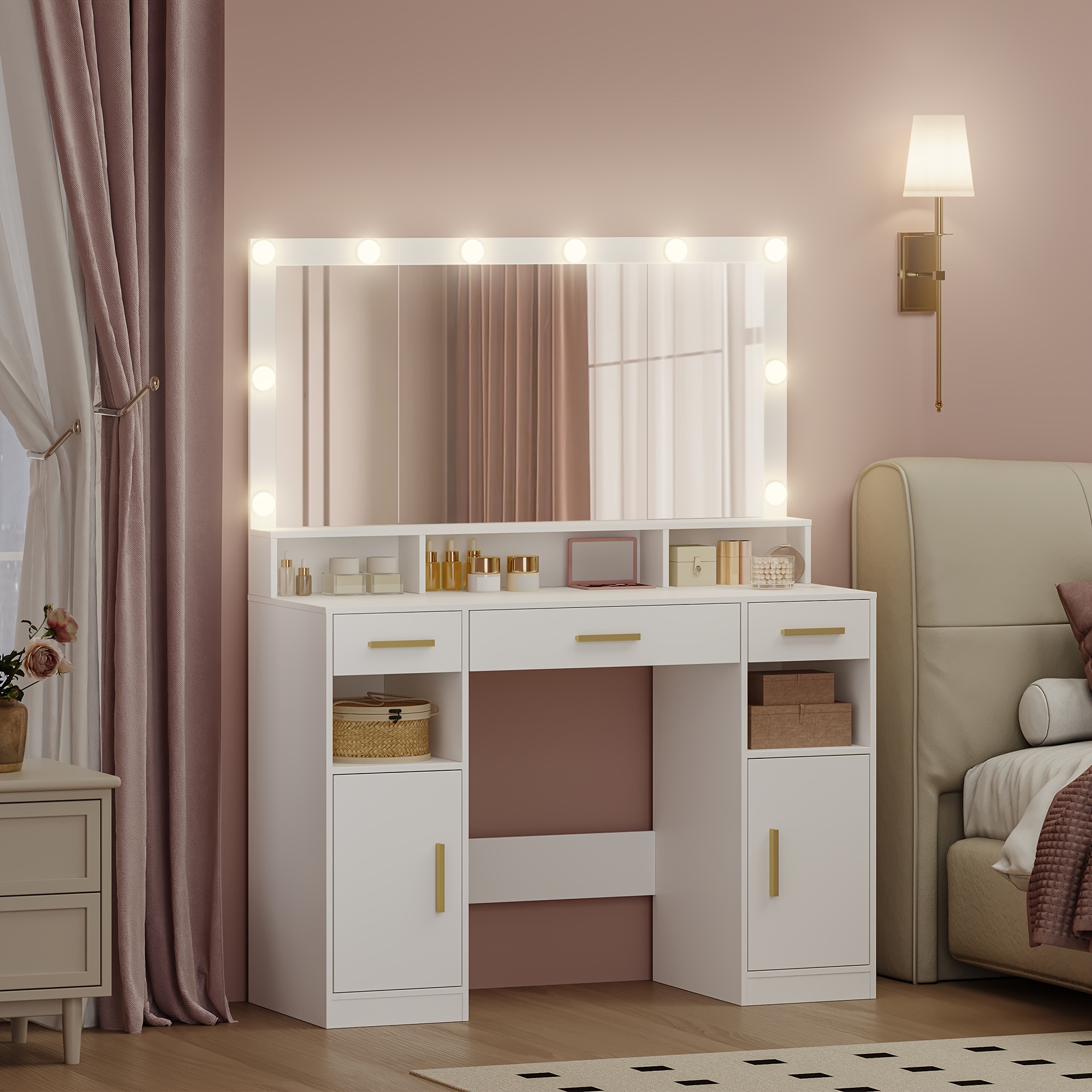 Dressing Table with Large Mirror and LED Lighting, Three Drawers