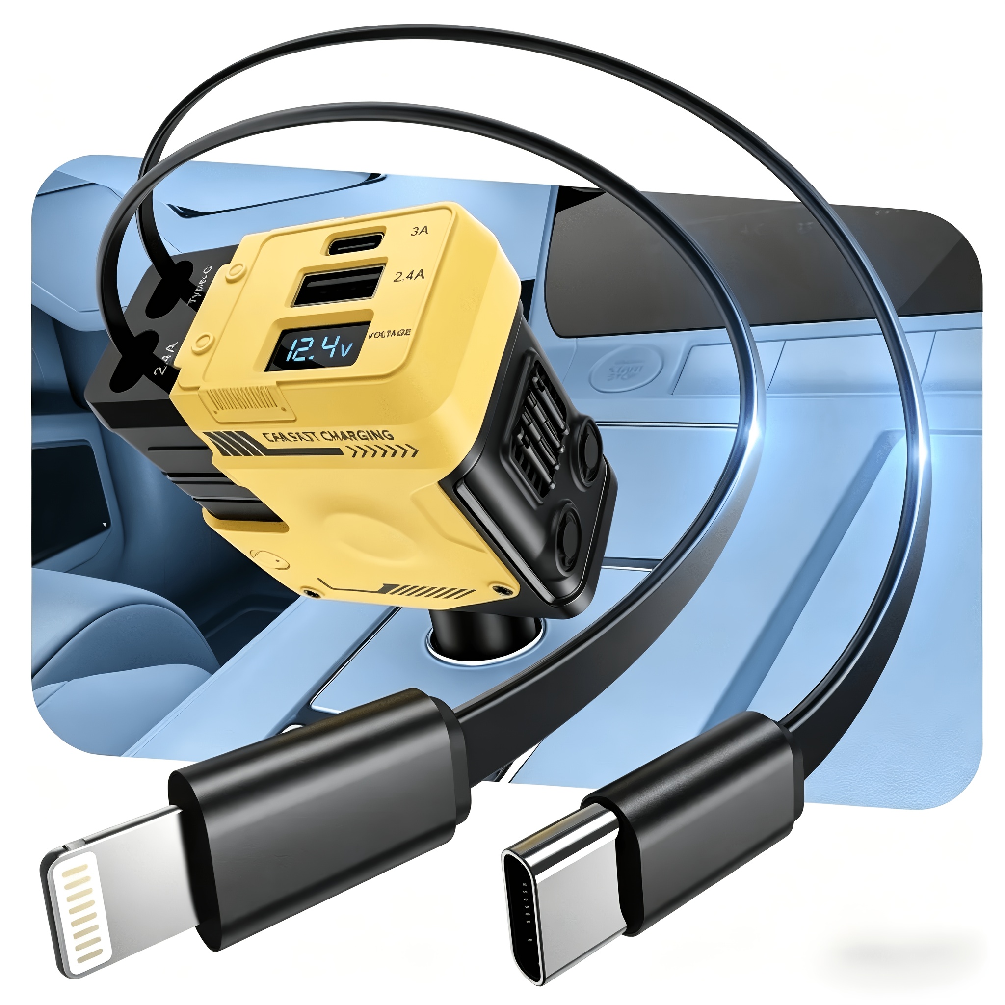 TEMU Cargador de coche súper rápido de 66W con cable retráctil integrado Tipo-C + Lightning, más interfaces duales (USB-C y USB-A). del cable: 80 cm/
