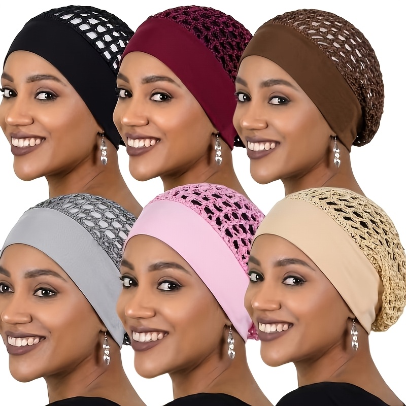 TEMU 6-pack Handmade Crochet Wide-brim Elastic Hair Nets Headwear Set - Lightweight Breathable Headscarf Elastic Sleep Wig Hair Protection , Perfect