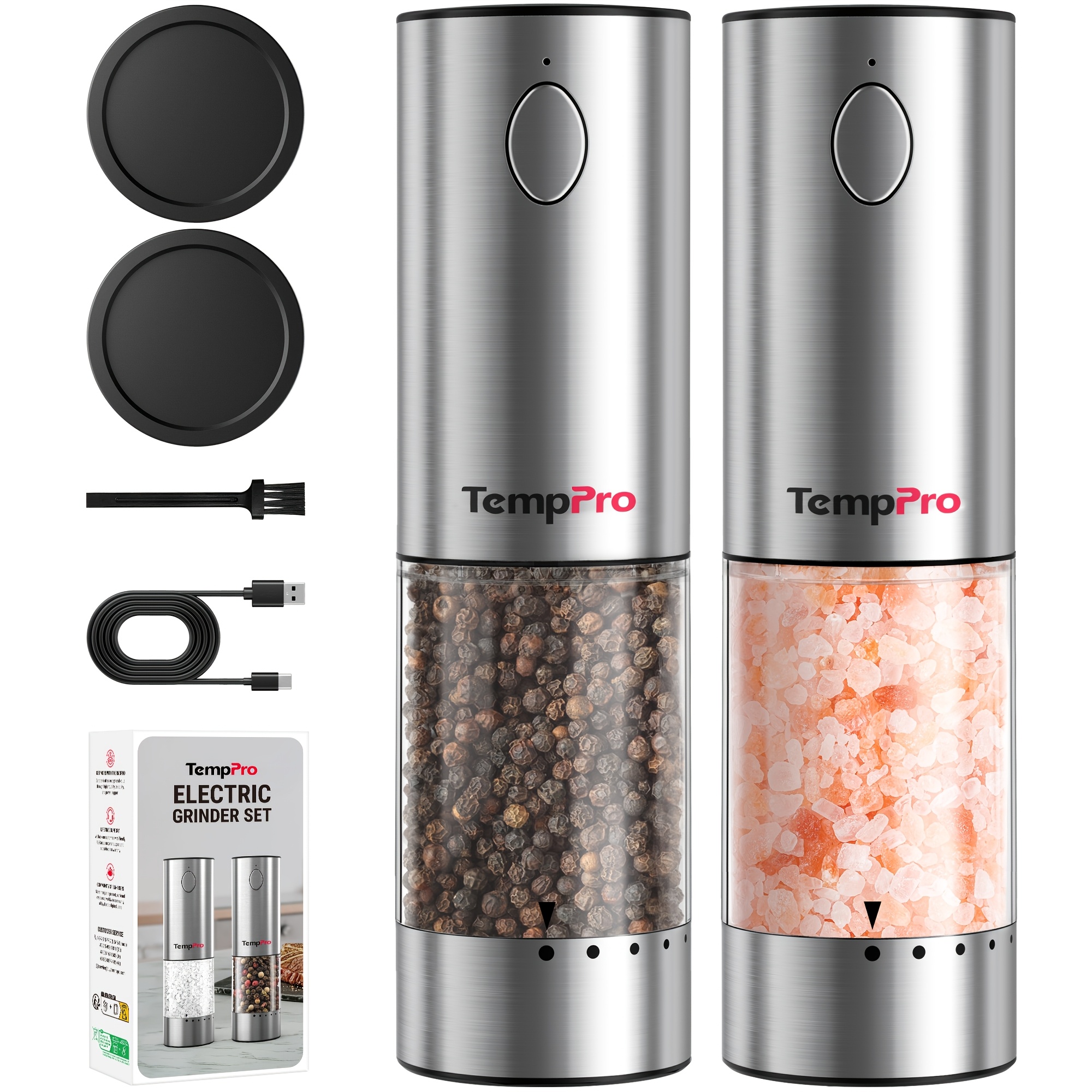 TEMU Temppro Apg710-2 Rechargeable Electric Pepper Mill And Salt Grinder Set Of 2 With Led Light, Type-c Fast Charging, Ceramic Burr, For Home