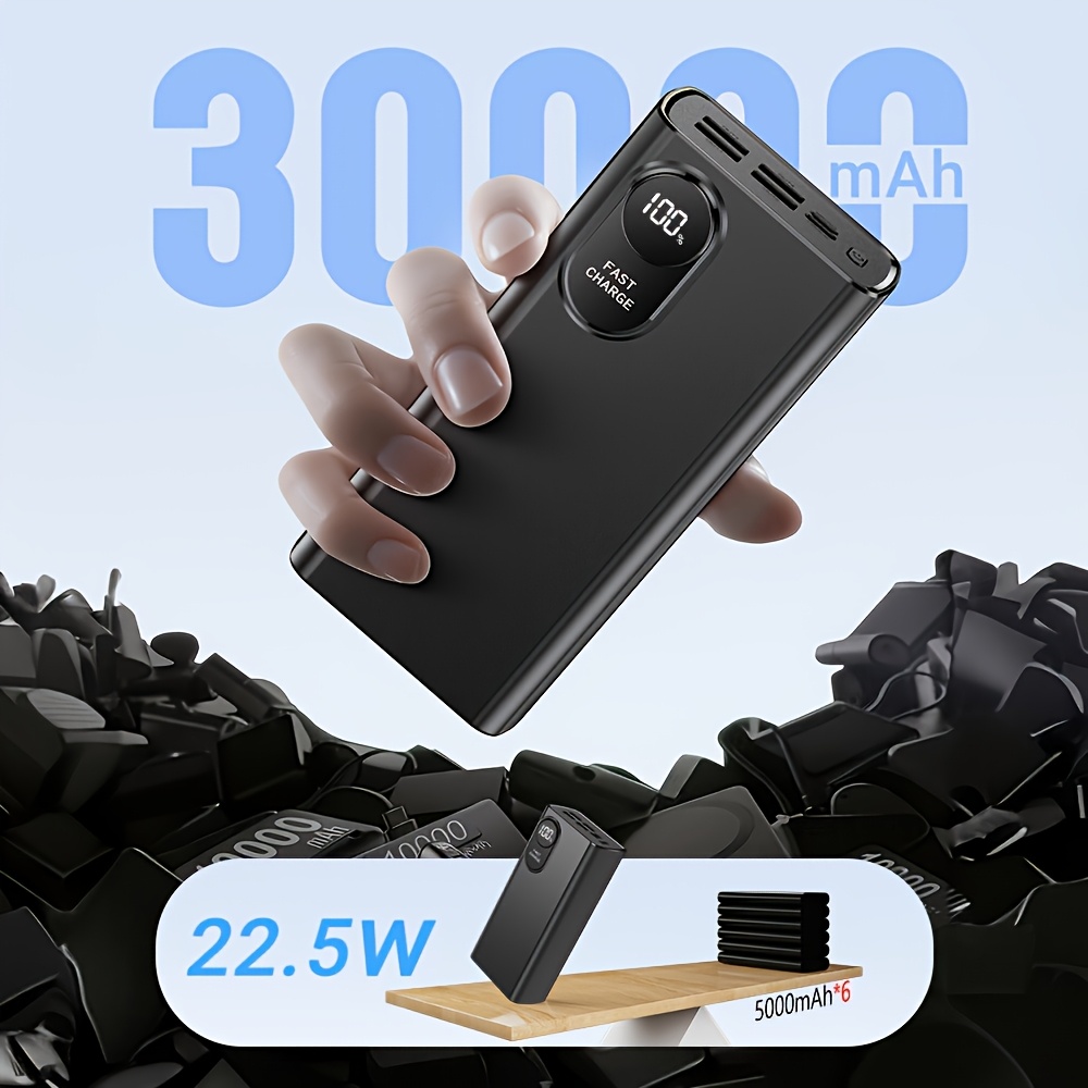 30000mah High-capacity Power Bank, 22.5w Fast Charging Portable Charger With Led Display, 5 Outputs For Charging, External Battery Pack For Iphone, , And Usb Devices