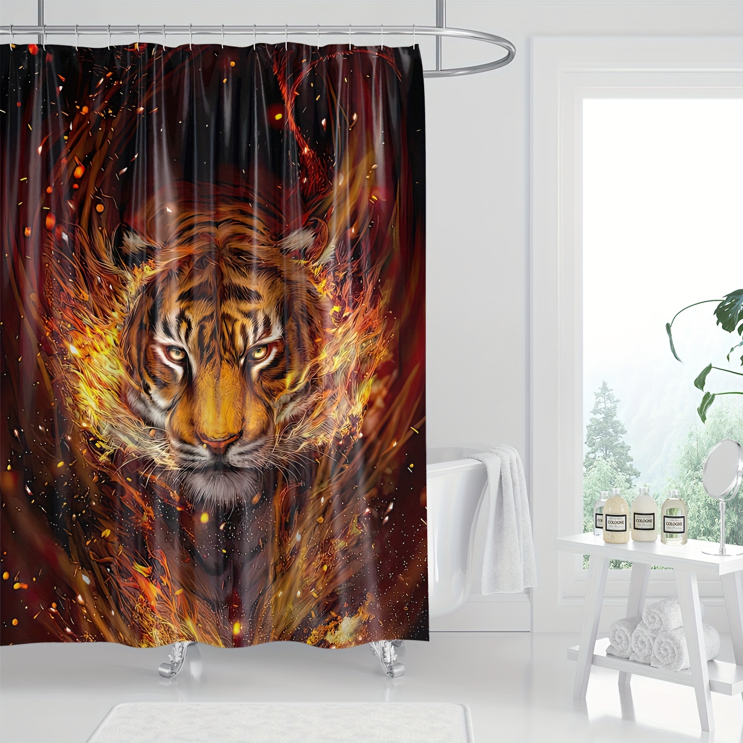 

1pc Flame Tiger Pattern Shower Curtain, Waterproof Shower Curtain With Hooks, Bathroom Partition, Bathroom Accessories, Home Decor