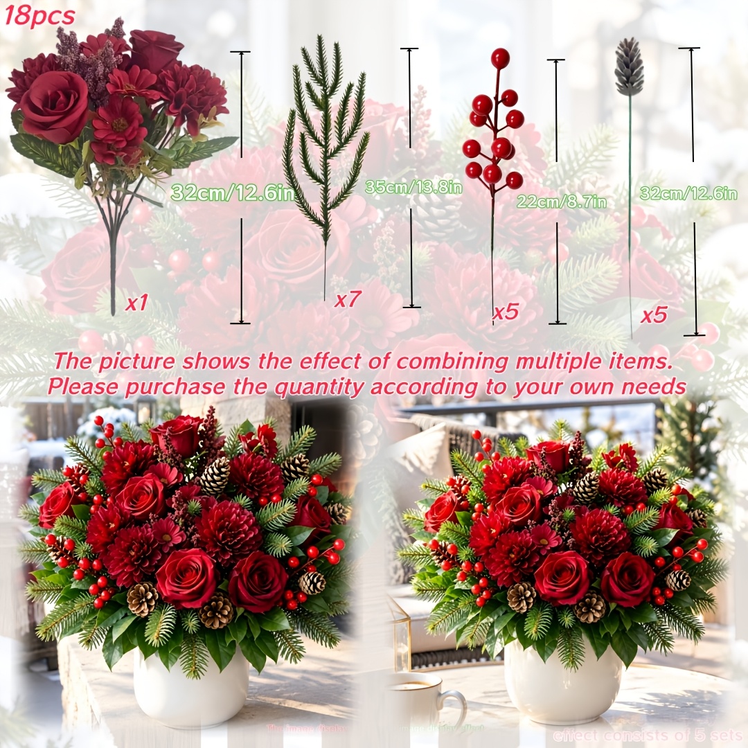 TEMU 18pcs Fleurs Artificielles de Simulation, Bouquet et Branche de Pin et Fausse et Combinaison de Rouges, pour Décoration de Salon, Décoration de