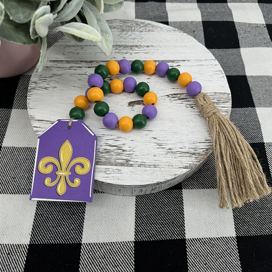 

Classic Inspirational Wooden Bead Garland With Tassel, Manufactured Wood Tabletop Decorative Sign & Plaque, Multifunctional Home Accent For Mardi Gras & , Purple, Green & Golden